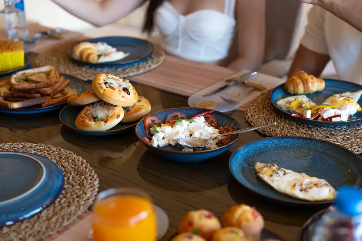 Breakfast dishes served at a Dubai Bedouin-style desert camp