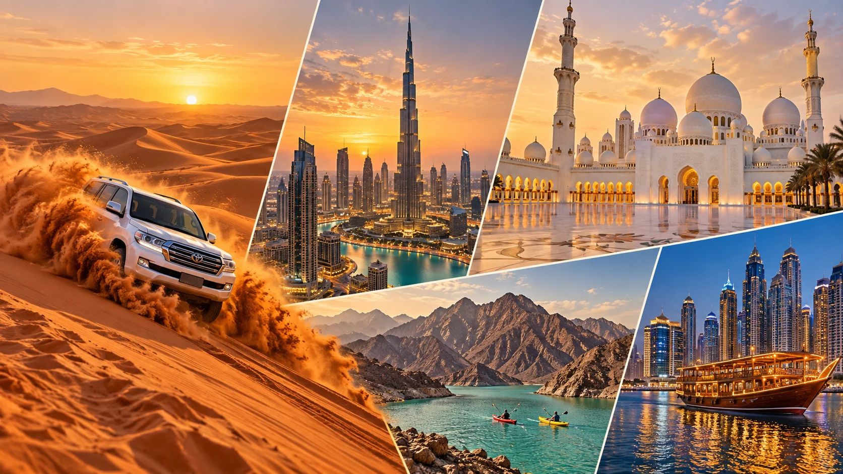 Illustrative custom UAE tour montage: desert safari, Dubai skyline, Abu Dhabi mosque, Hatta kayaking and Marina dhow cruise