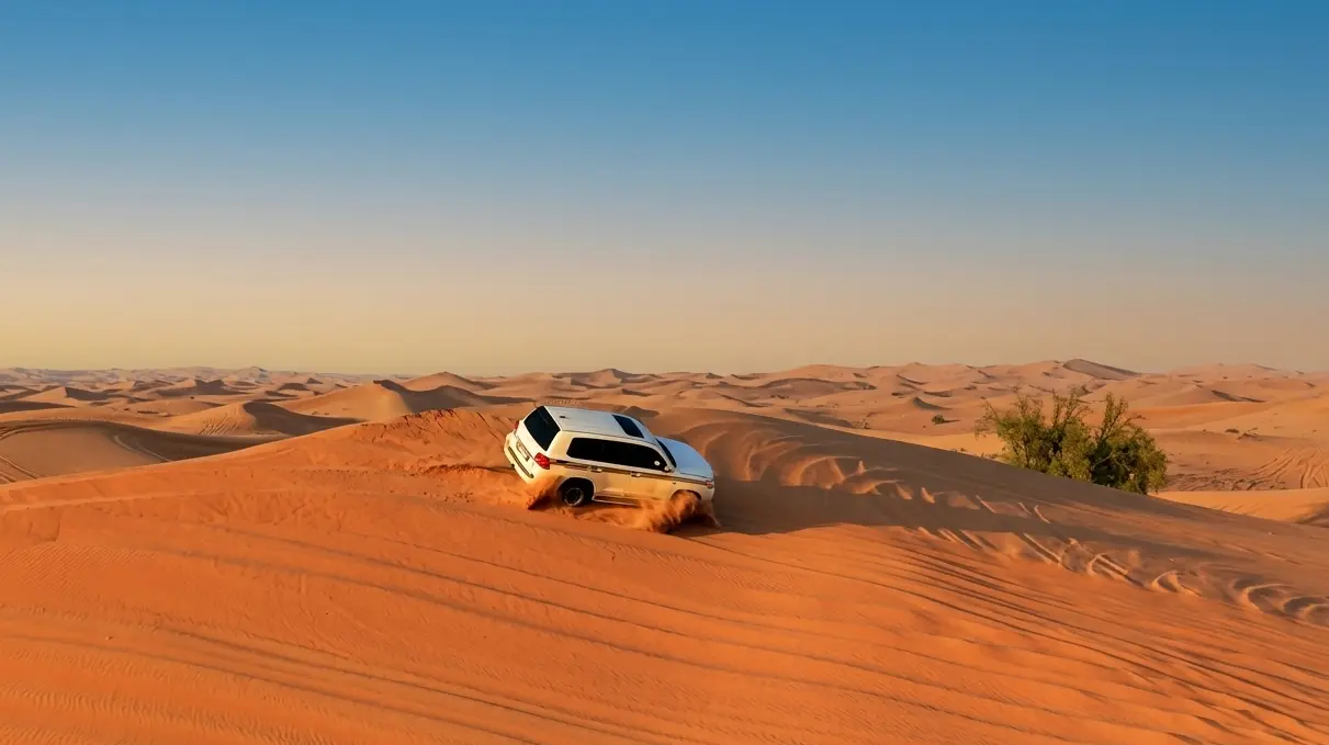 White 4x4 dune bashing across red desert dunes