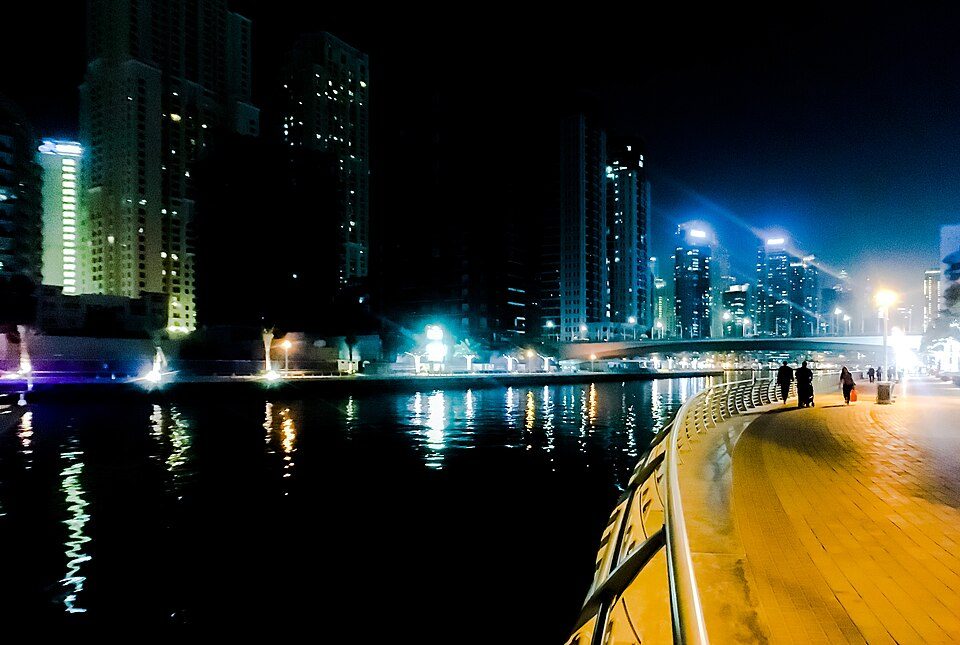 Dubai Marina waterfront after dark
