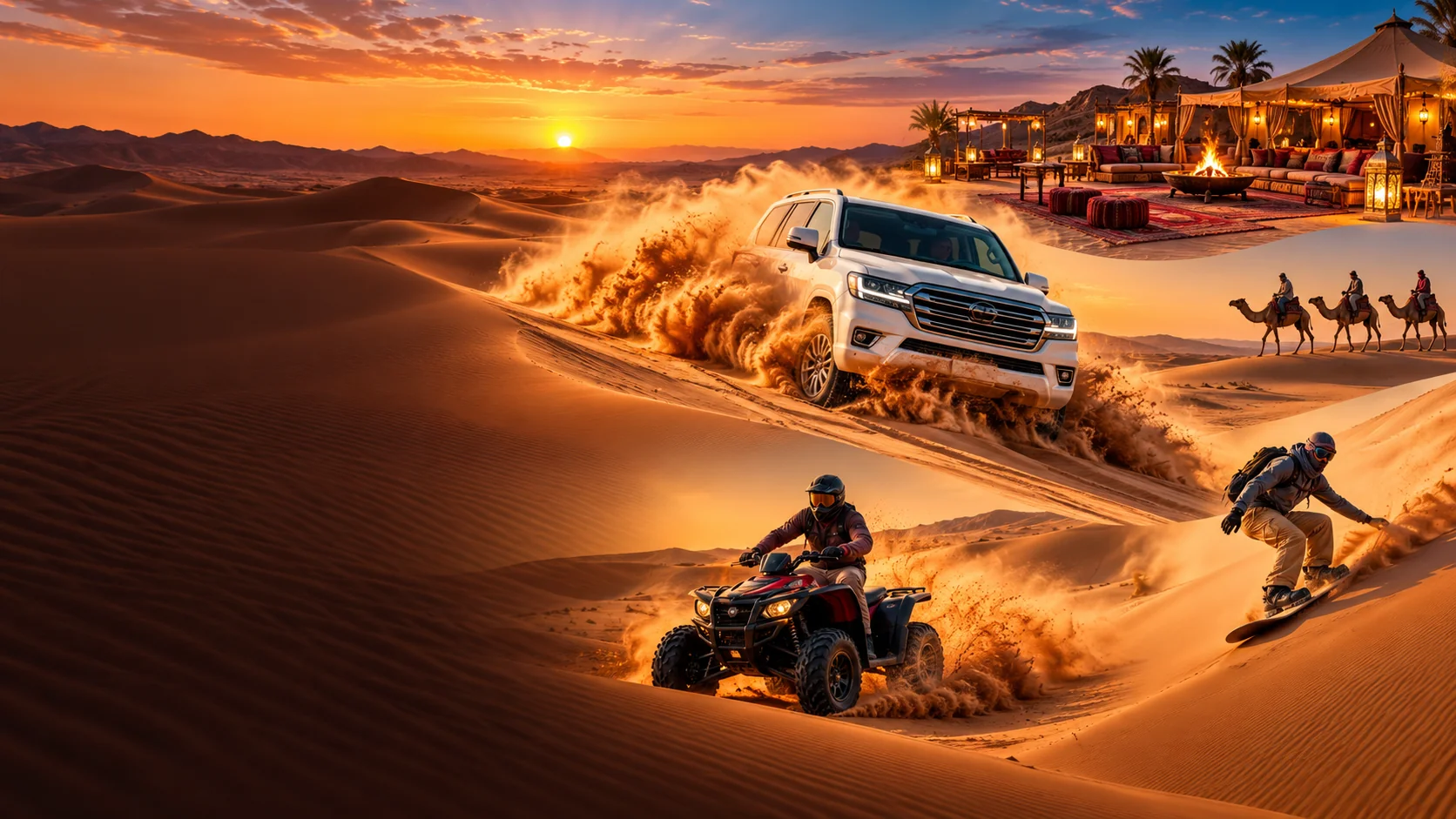Illustrative Dubai safari montage: dune bashing, camel riding, quad biking, sandboarding and desert camp